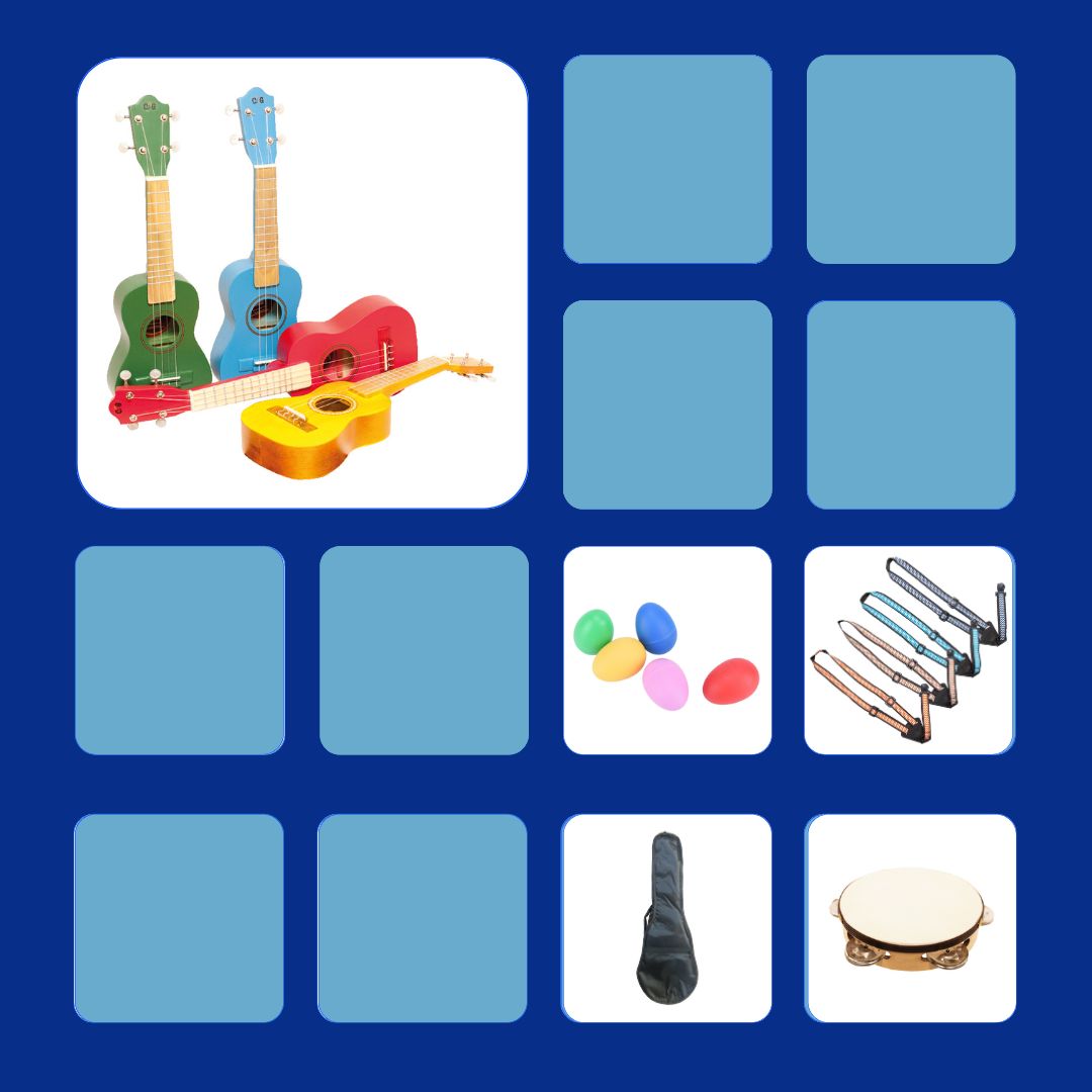 Kit de ukulele infantil con funda, pandero, tahalí y un par de huevos shaker. Instrumento ideal para niños, disponible en México."