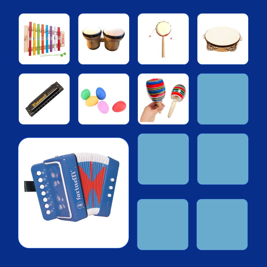 Kit de instrumentos musicales infantiles que incluye acordeón de 14 tonos, armónica, xilófono, bongos, tamborín, pandero, huevos shaker y balero. Ideal para niños de 2 a 6 años en México."