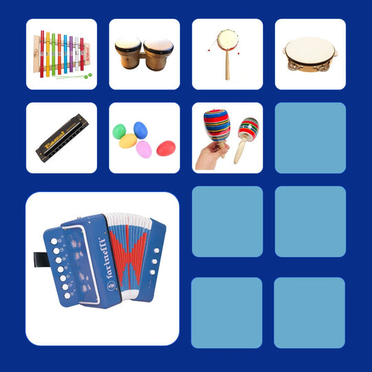Kit de instrumentos musicales infantiles que incluye acordeón de 14 tonos, armónica, xilófono, bongos, tamborín, pandero, huevos shaker y balero. Ideal para niños de 2 a 6 años en México."