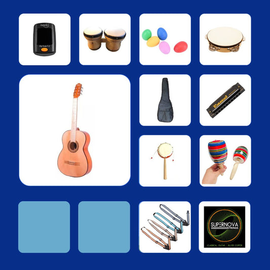 Kit tercerola infantil con funda, bongos, pandero, tahalí, huevos shaker, armónica y cuerdas extra. Ideal para niños en México